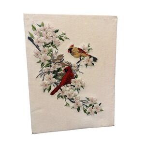 Vtg Crewel Embroidery Wall Art Cardinals Bird Nest Dogwood Blossoms Handmade
